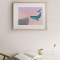 whale art print portrays a girl having a conversation with a whale
