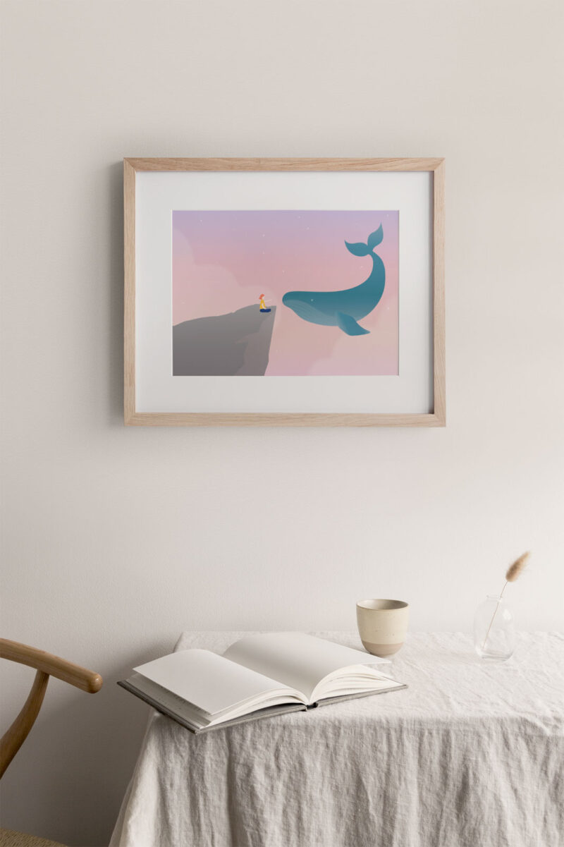 whale art print portrays a girl having a conversation with a whale