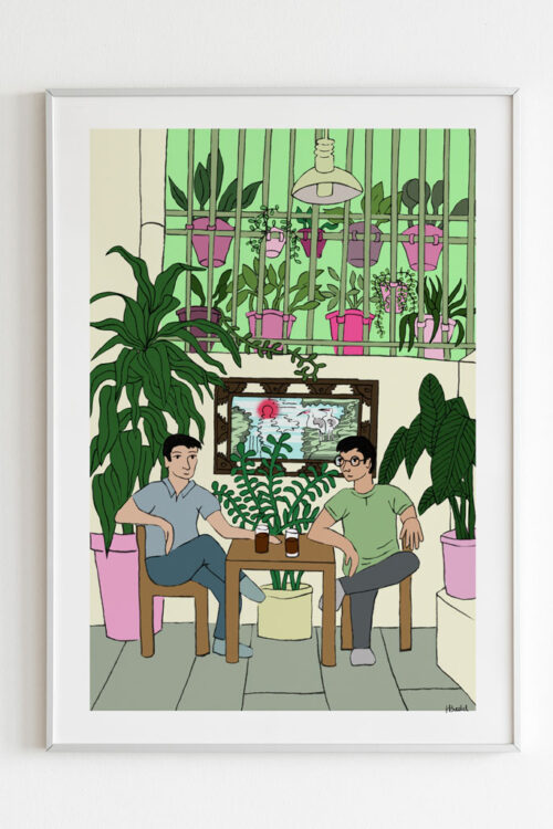 Coffee Time Art Print portray two men drinking coffee in a coffee shop full of trees