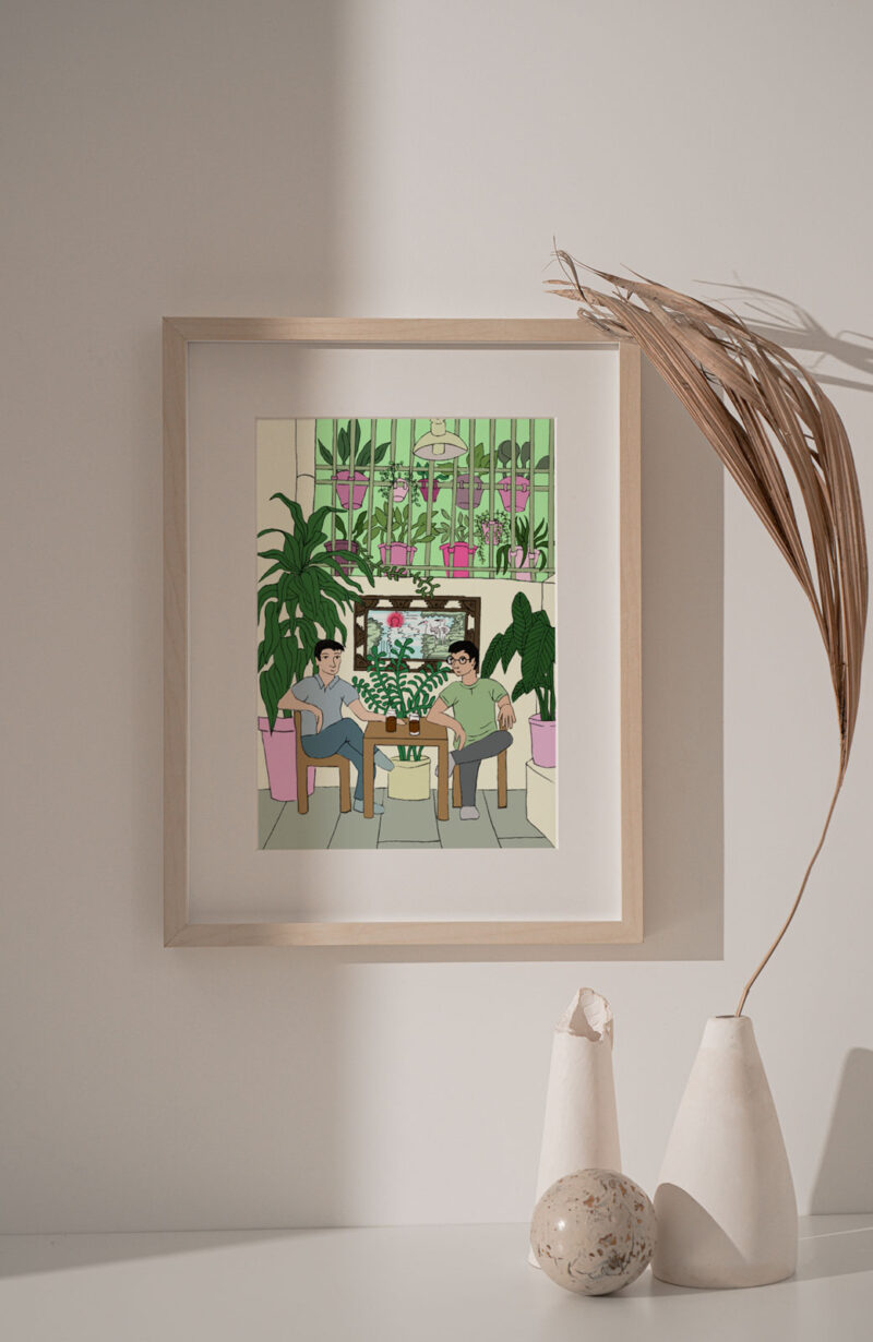 Coffee Time Art Print portray two men drinking coffee in a coffee shop full of trees