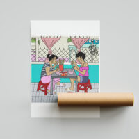 Com Hen Art Print portray two lady eating baby basket clams rice is a Vietnamese rice dish originating in Hue