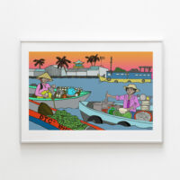 Mekong River Art Print portrays a woman selling food on a boat on the Mekong River