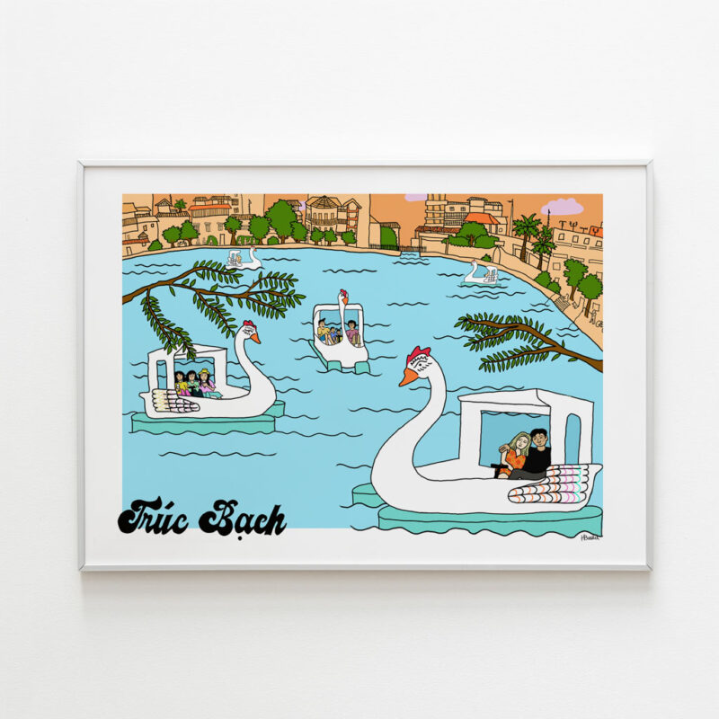 Truc Bach Roamin' Art Print portrays Couples ride ducks on Truc Bach Lake